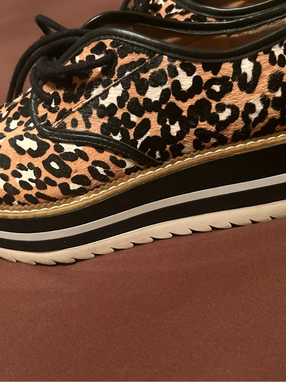 Giani Bini calf-hair leopard print, black/white stacked sole sz9 slaede oxford